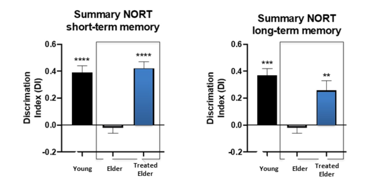 The graph shows that mice receiving the combination of extracts + DHA <br> have short and long memory values comparable to those of a young mouse